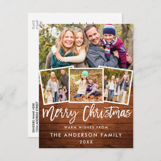 Carte Postale Brosse Rustique en bois Script Joyeux Noël 4 Photo (Devant / Derrière)