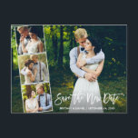 Carte Postale Brosse Script 4 Photo Enregistrer la nouvelle date<br><div class="desc">Script de pinceau moderne Enregistrer la nouvelle date Mariage reporté Nouveau Mariage Date Couple 4 Photo Collage Carte postale</div>