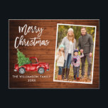 Carte Postale Brosse Script Bois Camion Vintage Photo Noël<br><div class="desc">Script de brosse moderne Aquarelle Vintage Camion rouge avec arbre de Noël - Joyeux Noël Famille Photo Carte Postale - Rustique Pays Bois</div>