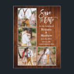 Carte Postale Brosse Script Bois Enregistrer La Date Couple 4 Ph<br><div class="desc">Brosse Moderne Script 4 Photo Couple Fiançailles Faire-part Enregistrer La Date Carte Postale - Rustic Country Wood</div>