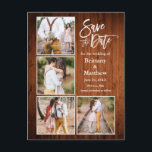 Carte Postale Brosse Script Bois Save The Date Couple 4 Photo<br><div class="desc">Moderne Brosse Script 4 Photo Couple Engagement Annonce Save The Date Carte Postale - Bois Campagne Rustique</div>