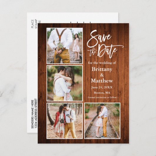 Carte Postale Brosse Script Bois Save The Date Couple 4 Photo (Devant / Derrière)