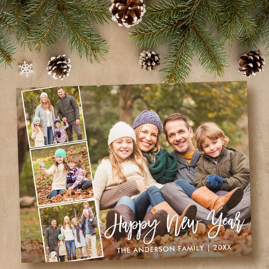 Carte Postale Brosse Script Bonne année Famille 4 Photo