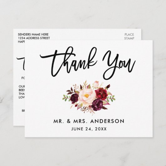 Carte Postale Brosse Script Bourgogne Mariage Floral Merci (Devant / Derrière)