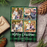 Carte Postale Brosse Script Green Plaid Family 4 Photo Noël<br><div class="desc">Brochure moderne Script Family 4 Photo Christmas Green Plaid Carte postale</div>