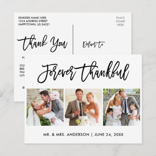 Carte Postale Brosse Script Merci Éternellement 3 Photo Mariage (Devant / Derrière)