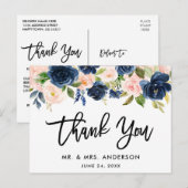 Carte Postale Brosse Script Rose Bleu Floral Mariage Merci (Devant / Derrière)