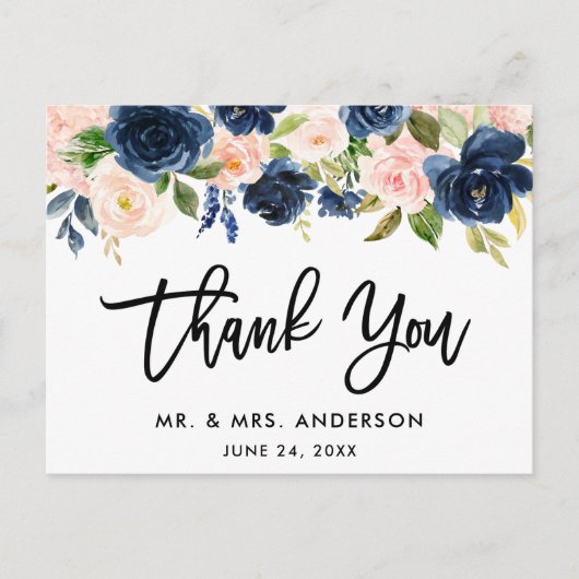 Carte Postale Brosse Script Rose Bleu Floral Mariage Merci (Devant)