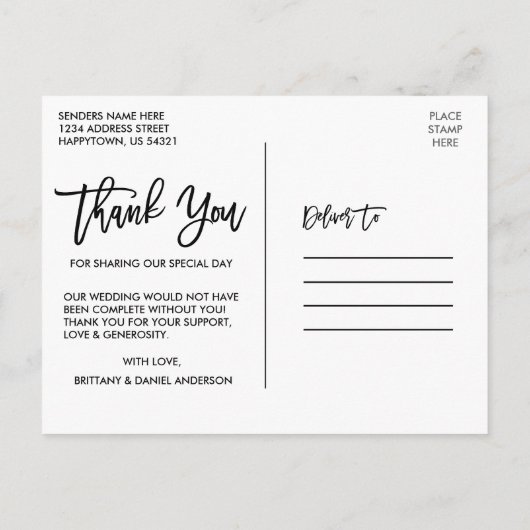 Carte Postale Brosse Script Rustique Bois Amour et Merci Mariage (Dos)