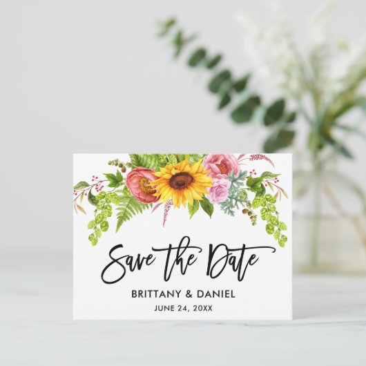 Carte Postale Brosse Script Sunflower Boho Floral Enregistrer la (Debout devant)