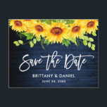 Carte Postale Brosse Script Sunflowers Blue Wood Enregistrer la<br><div class="desc">Script de brosse moderne,  Aquarelle Tournesol Flore Vert,  Enregistrer La Date Faire-part Fiançailles Carte Postale - Bois Bleu Rustique</div>