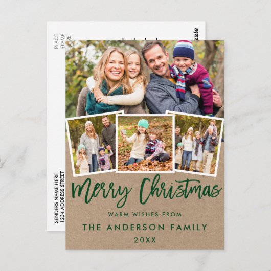 Carte Postale Brosse verte Kraft Script Joyeux Noël 4 Photo (Devant / Derrière)
