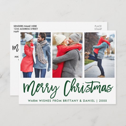 Carte Postale Brosse verte moderne Script 3 Photo Couple Noël (Devant / Derrière)