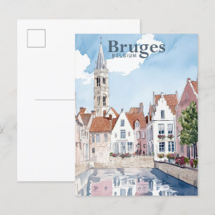 Carte Postale Bruges Belgique Aquarelle Peinture Voyage