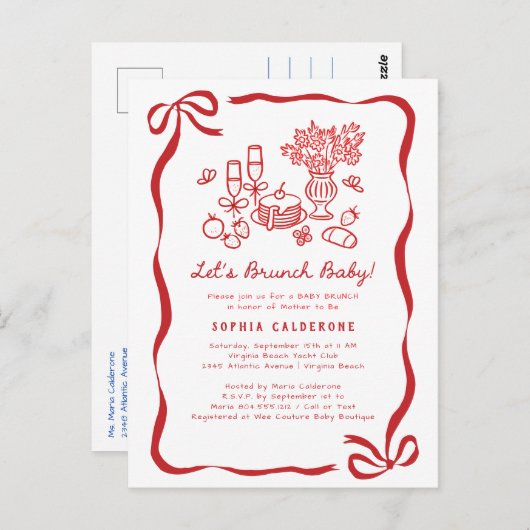 Carte Postale Brunch Baby shower à main levée Whimsical (Devant / Derrière)