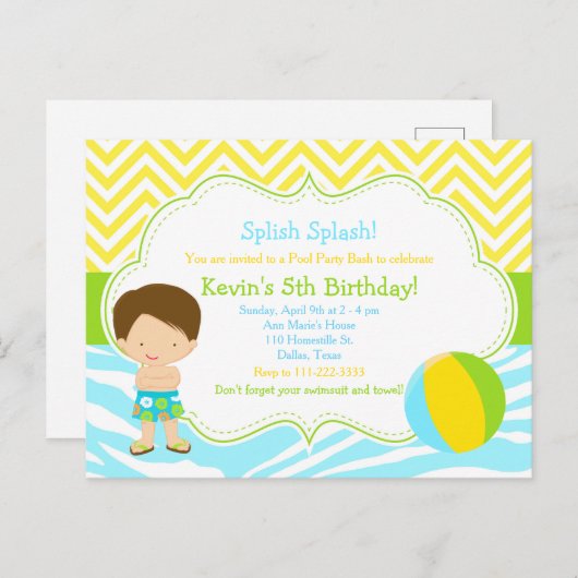 Carte Postale Brunette Boy Pool Party Bash Party (Devant / Derrière)