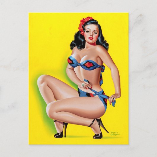 Carte Postale Brunette en Bikini Pin Up (Devant)