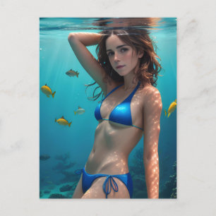 Carte Postale Brunette Femme Bikini bleu sous l'eau Photo