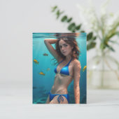 Carte Postale Brunette Femme Bikini bleu sous l'eau Photo (Debout devant)