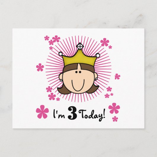 Carte Postale Brunette Princesse 3e Anniversaire Tshirts et cade (Devant)