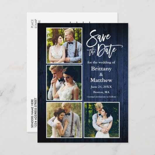 Carte Postale Brush Script Bleu Bois Save The Date 4 Photo (Devant / Derrière)