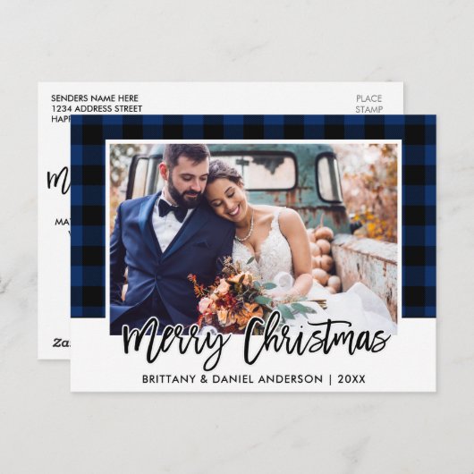 Carte Postale Brush Script bleu Plaid Mariage photo Noël (Devant / Derrière)