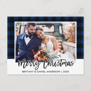 Carte Postale Brush Script bleu Plaid Mariage photo Noël