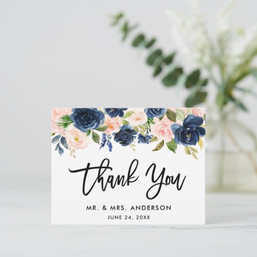 Carte Postale Brush Script bleu rose Mariage Merci (Debout devant)