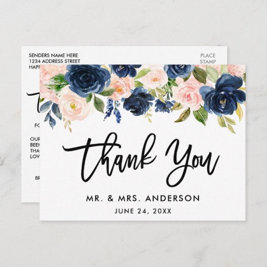 Carte Postale Brush Script bleu rose Mariage Merci (Devant / Derrière)