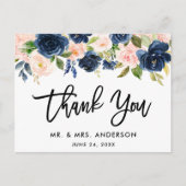 Carte Postale Brush Script bleu rose Mariage Merci (Devant)