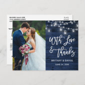 Carte Postale Brush Script Blue Wood Lights Love Merci Mariage (Devant / Derrière)