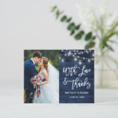 Carte Postale Brush Script Blue Wood Lights Love Merci Mariage (Debout devant)