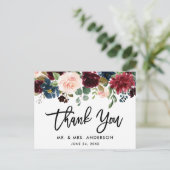 Carte Postale Brush Script Burgundy Blue Floral Mariage Merci (Debout devant)