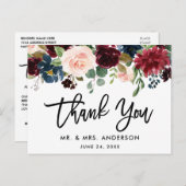 Carte Postale Brush Script Burgundy Blue Floral Mariage Merci (Devant / Derrière)