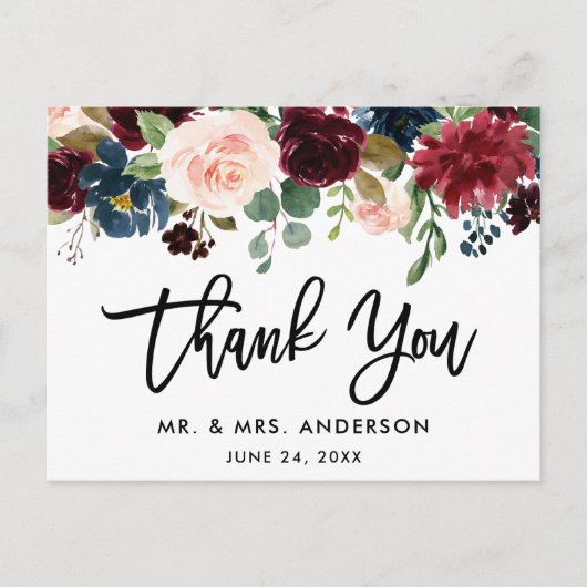 Carte Postale Brush Script Burgundy Blue Floral Mariage Merci (Devant)