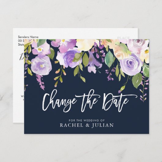 Carte Postale brush script floral violet modifier la date (Devant / Derrière)