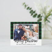 Carte Postale Brush Script Green Plaid Mariage Photo Noël (Debout devant)