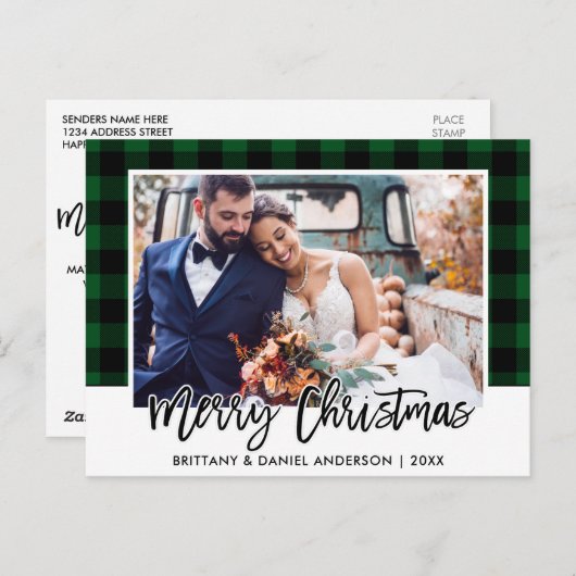 Carte Postale Brush Script Green Plaid Mariage Photo Noël (Devant / Derrière)