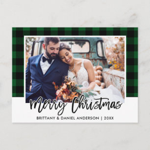 Carte Postale Brush Script Green Plaid Mariage Photo Noël