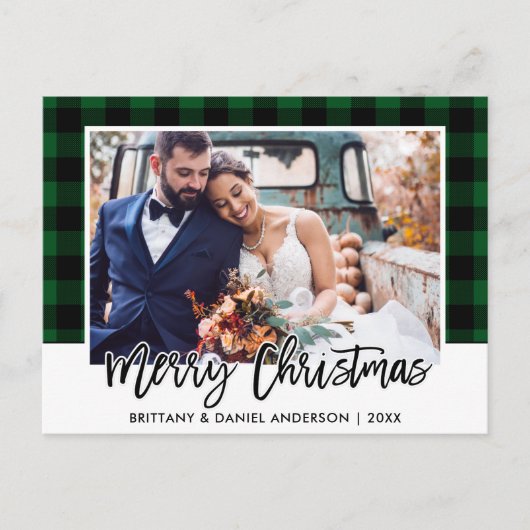 Carte Postale Brush Script Green Plaid Mariage Photo Noël (Devant)