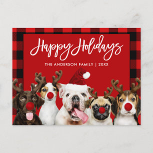 Carte Postale Brush Script Joyeux Vacances Chiens Red Plaid