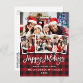 Carte Postale Brush Script Joyeux Vacances Rouge Plaid 4 Photo (Devant / Derrière)