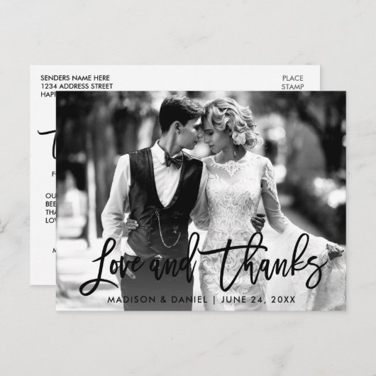Carte Postale Brush Script Love Thanks Black and White Photo (Devant / Derrière)