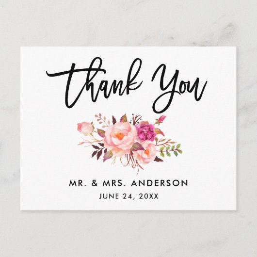 Carte Postale Brush Script Mariage rose Merci floral (Devant)