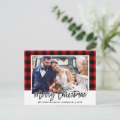 Carte Postale Brush Script Red Plaid Mariage Photo Noël (Debout devant)