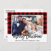 Carte Postale Brush Script Red Plaid Mariage Photo Noël (Devant / Derrière)