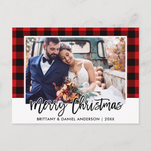 Carte Postale Brush Script Red Plaid Mariage Photo Noël (Devant)