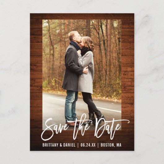 Carte Postale Brush Script Rustic Wood Photo Enregistrer La Date (Devant)