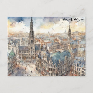 Carte Postale Bruxelles Belgique Aquarelle Peinture Panorama