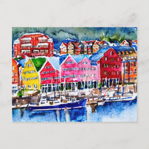 Carte Postale bryggen bergen nordique aquarelle